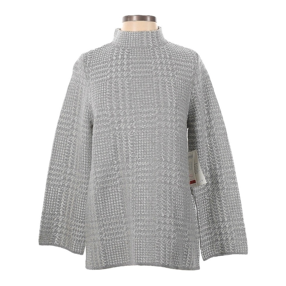 Chicos Plaid Textured Zip Back Metallic Gray Mock Neck Sweater Size S NWT